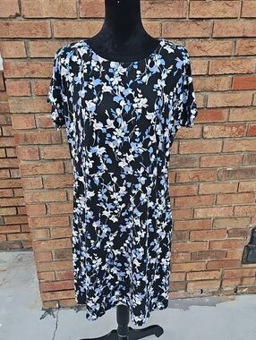 J. Jill Black Midi Dress with Blue & White Floral Pattern
